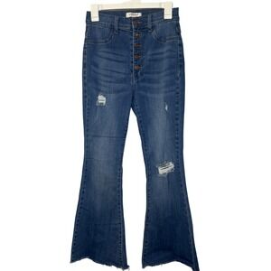 Vibrant MIU Women Blue Distressed High Rise Button Fly Flare Jeans Size 9 W28